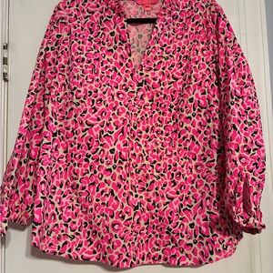 Lilly Pulitzer Pink and Black Leopard Print V-Neck Blouse